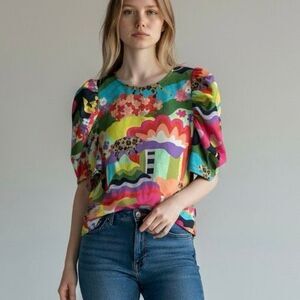CROSBY by Mollie Burch M Puff Sleeve Blouse Abstract Artsy Luxury Preppy Modern